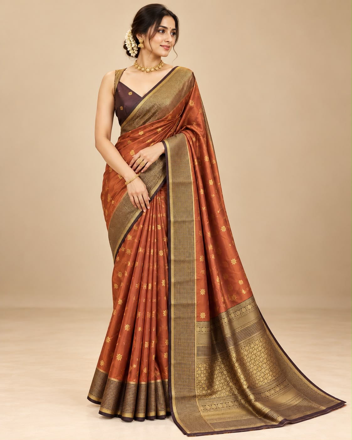 Rust -brown Semi Kanchipuram Silk  saree