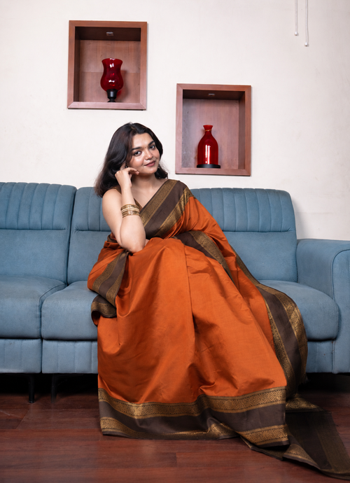 Burnt Orange Semi Silk Saree With Brown Border