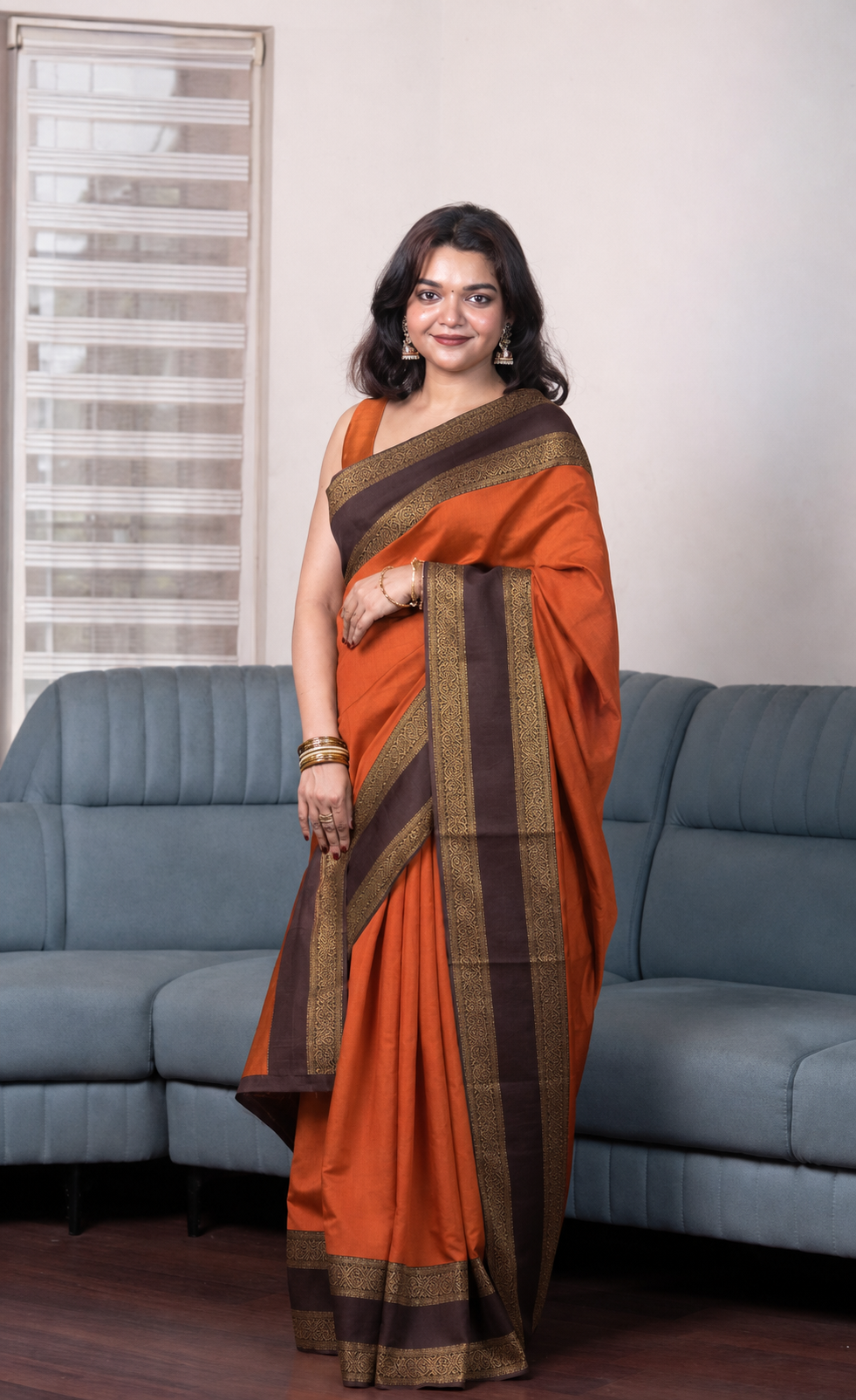 Burnt Orange Semi Silk Saree With Brown Border