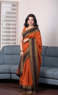 Burnt Orange Semi Silk Saree With Brown Border