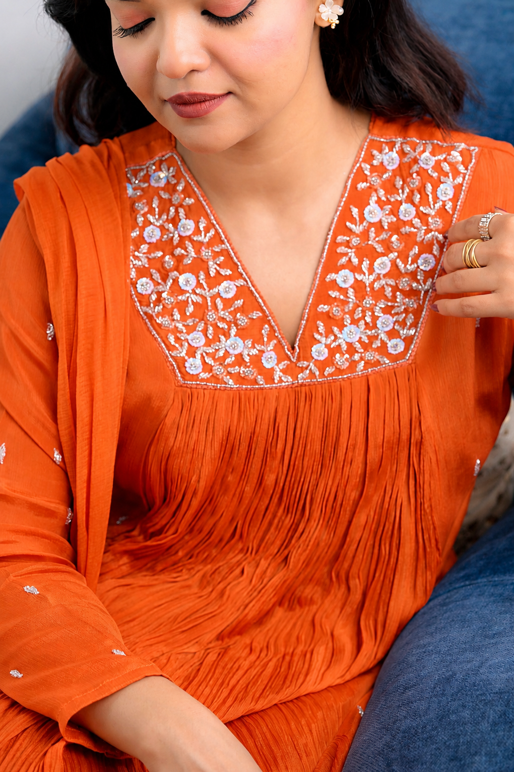 Orange Chinon Salwar Suit Set