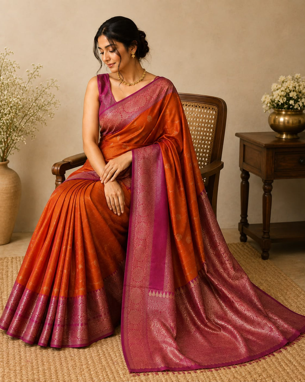 Orange With Ruby Pink Border Semi Silk Saree