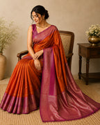 Orange With Ruby Pink Border Semi Silk Saree