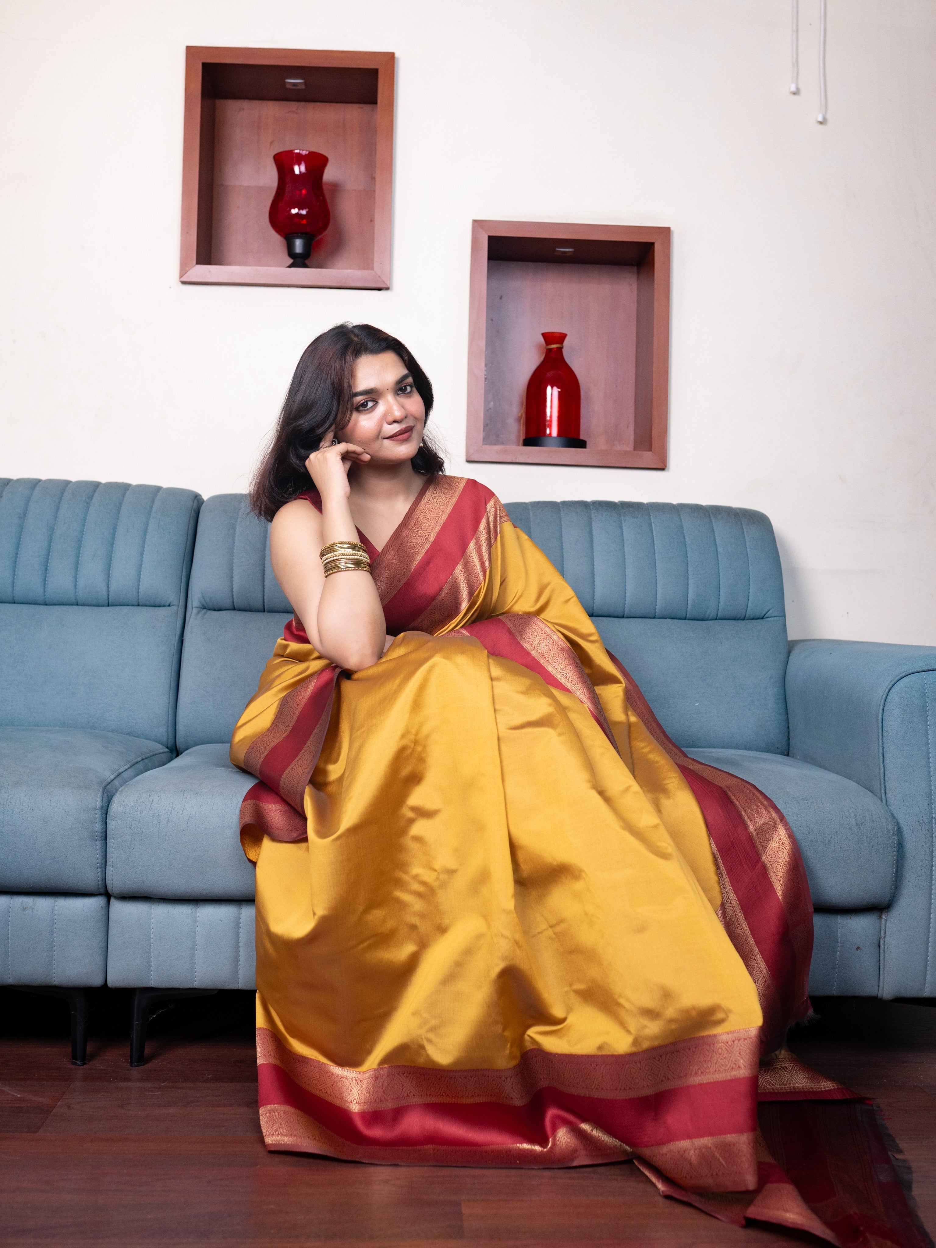 Yellow Semi Silk Saree With Maroon Border