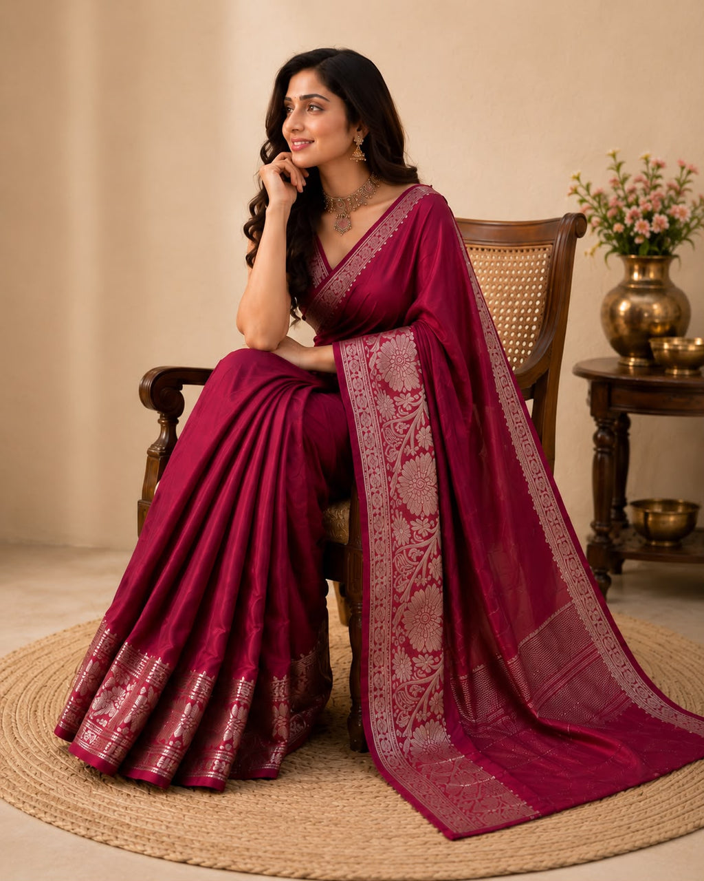 Reddish Maroon Soft Flowy Semi Silk Saree