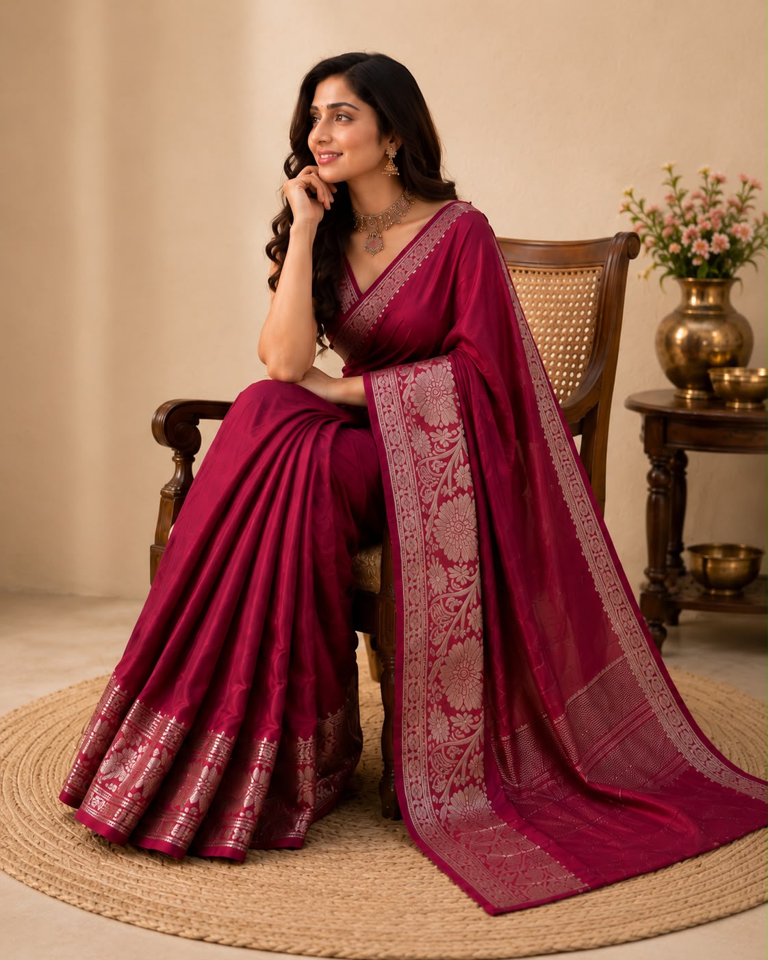 Reddish Maroon Soft Flowy Semi Silk Saree