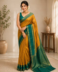 Mustard Yellow Semi Silk Saree With Green Border