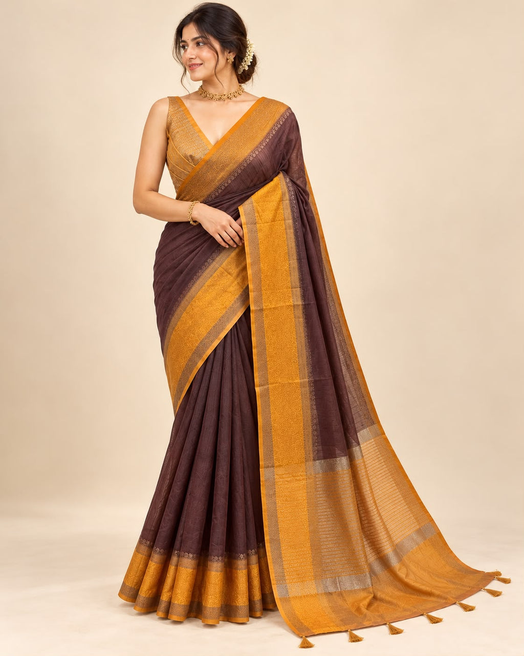 Rich chocolate brown andmustard gold