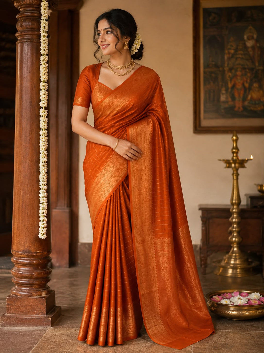 Orange Striped Semi Silk Saree LUXSS11