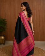 Black With Raspberry Pink Border Semi Silk Saree