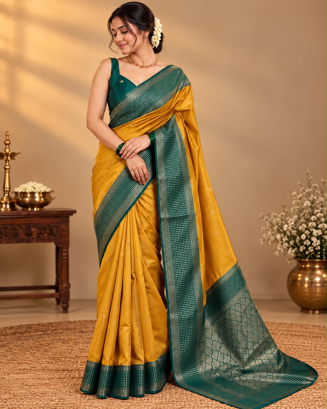 Yellow Semi Silk Saree With Bottle Green Border LUXSS19