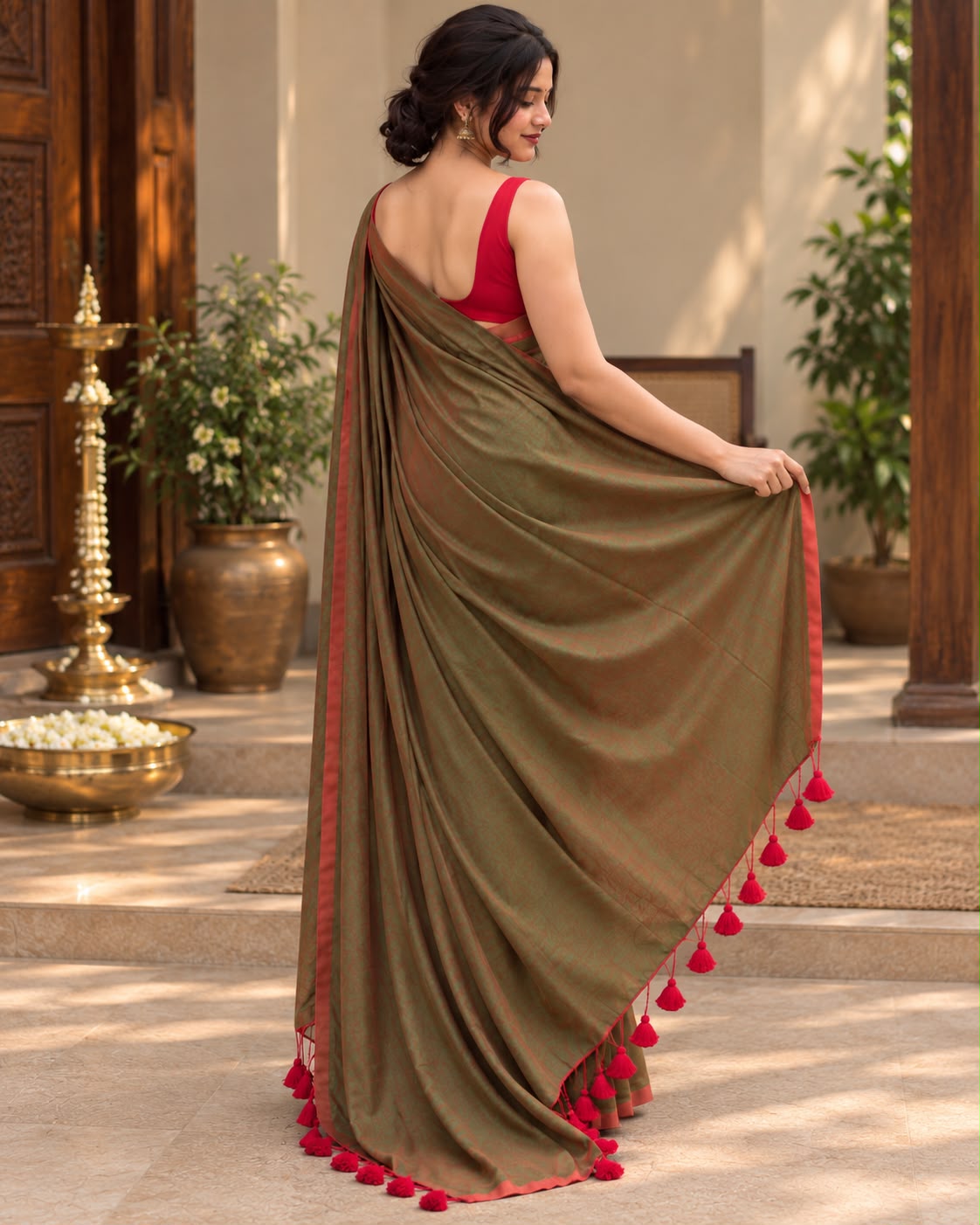 Olive Green Dual Tone Mulcotton Saree LUXSM05