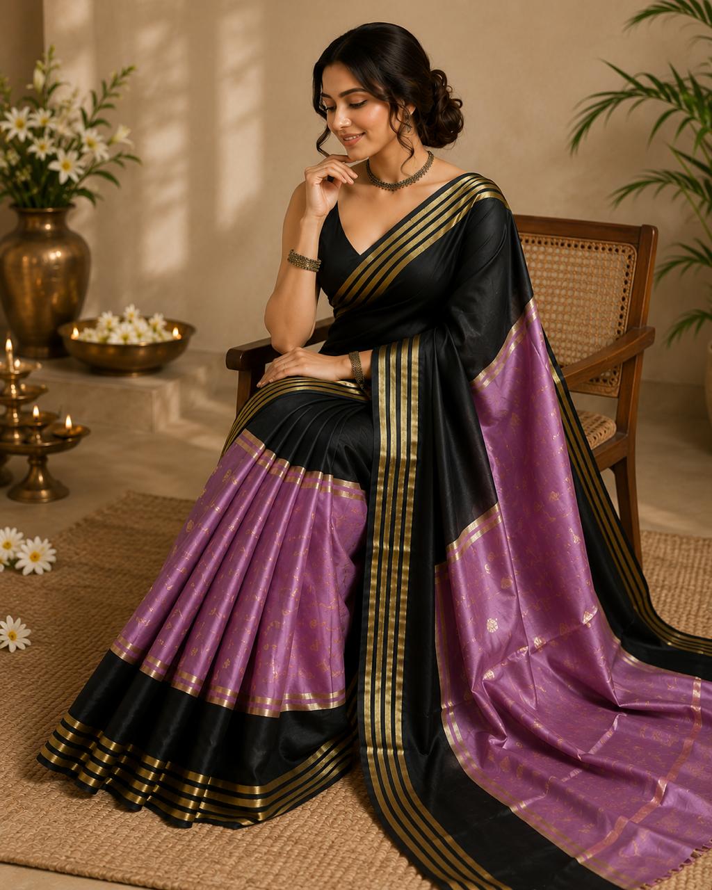 Black with Lilac Contrast Semi Soft Silk Saree