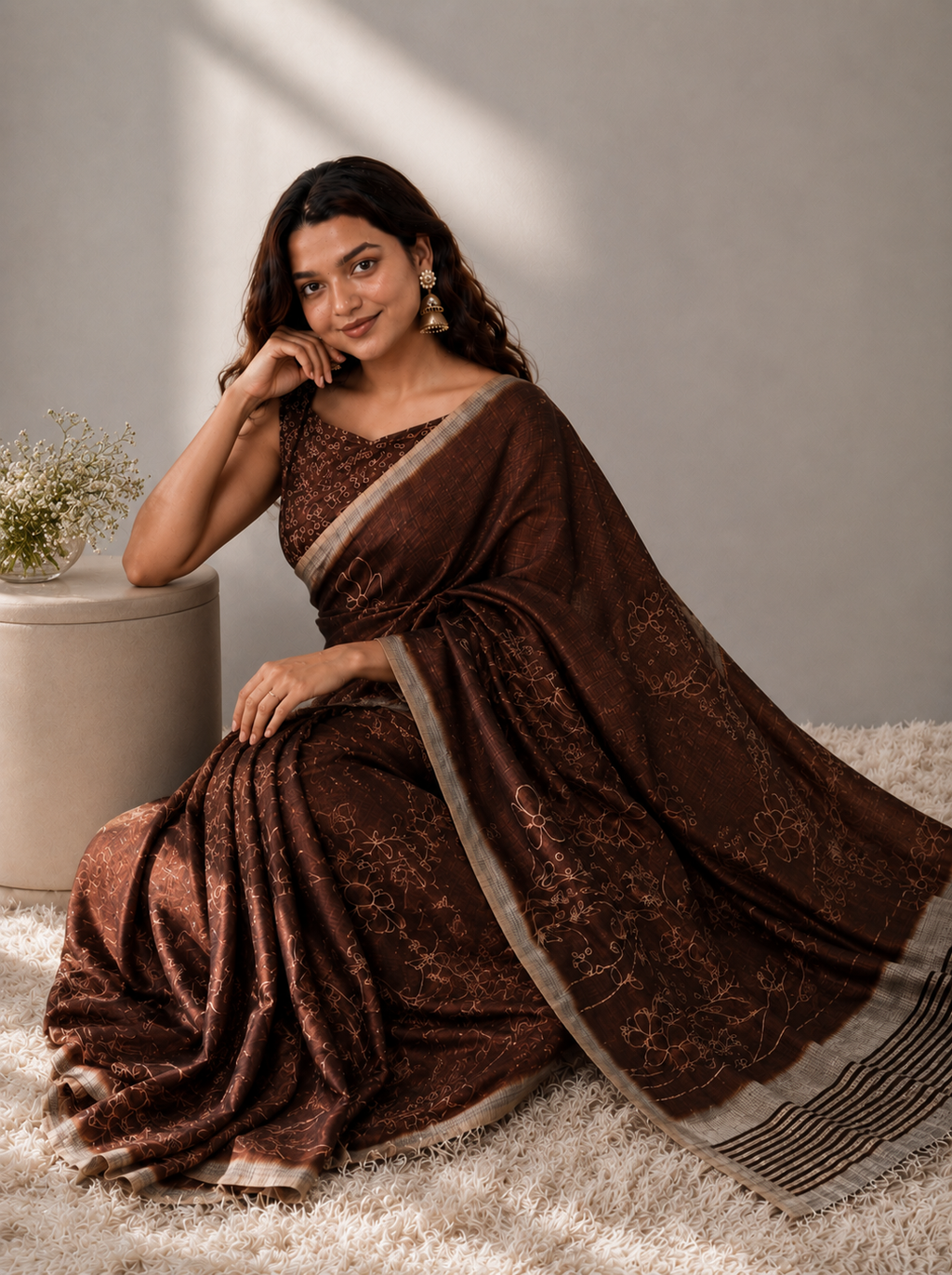 Brown Semi Tussur Saree