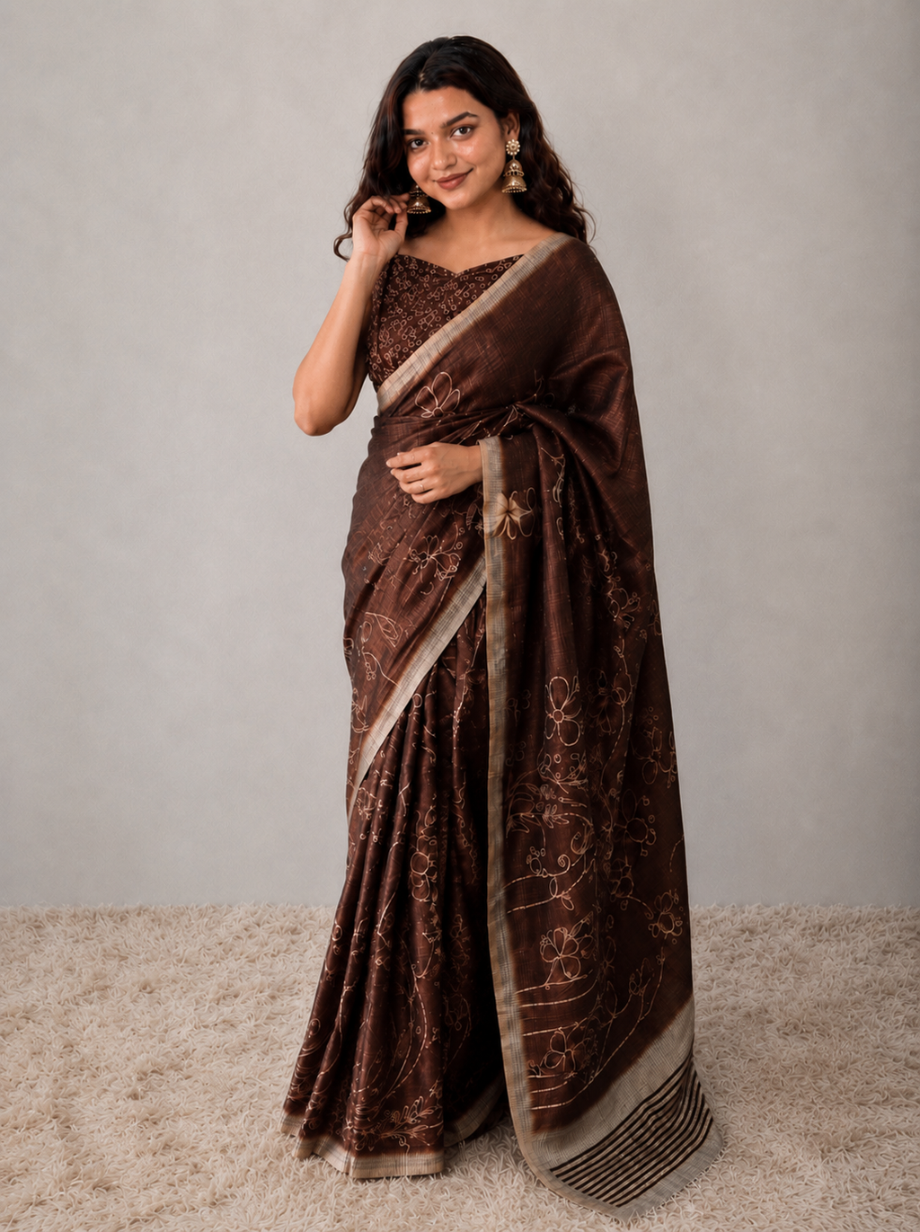 Brown Semi Tussur Saree