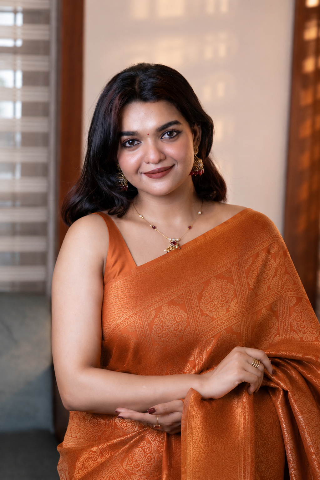 Orange Check Semi Silk Saree