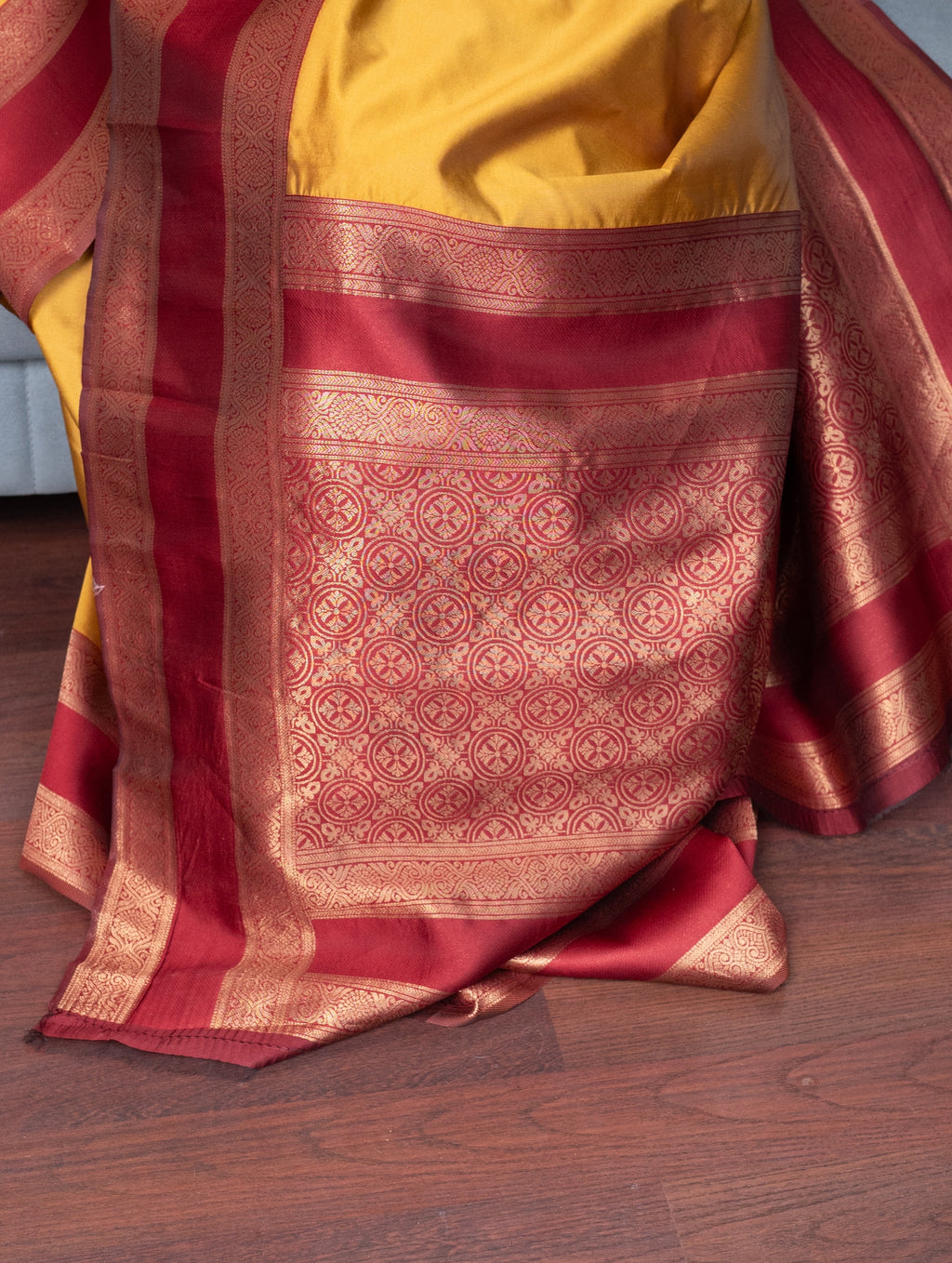 Yellow Semi Silk Saree With Maroon Border