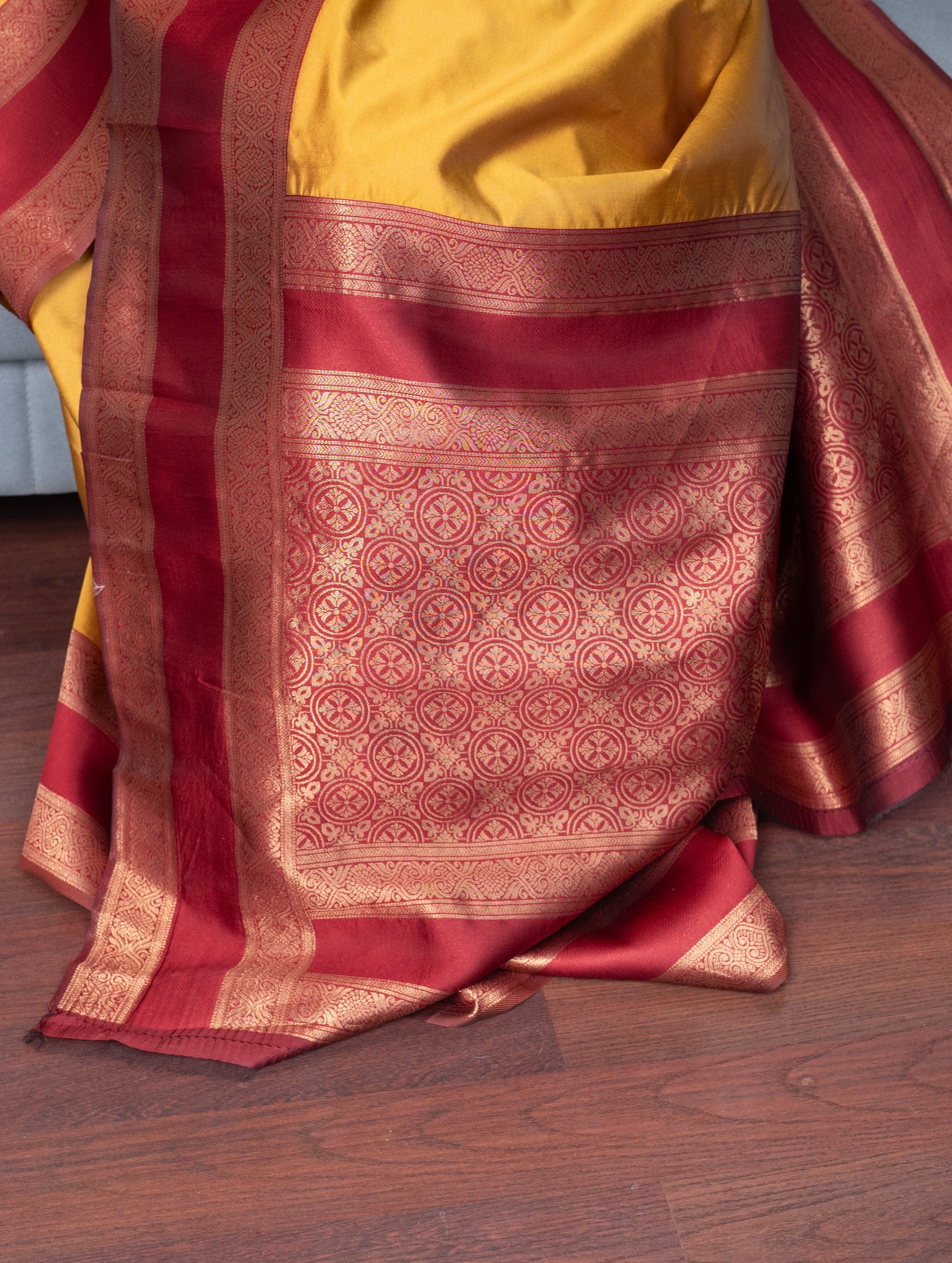 Yellow Semi Silk Saree With Maroon Border
