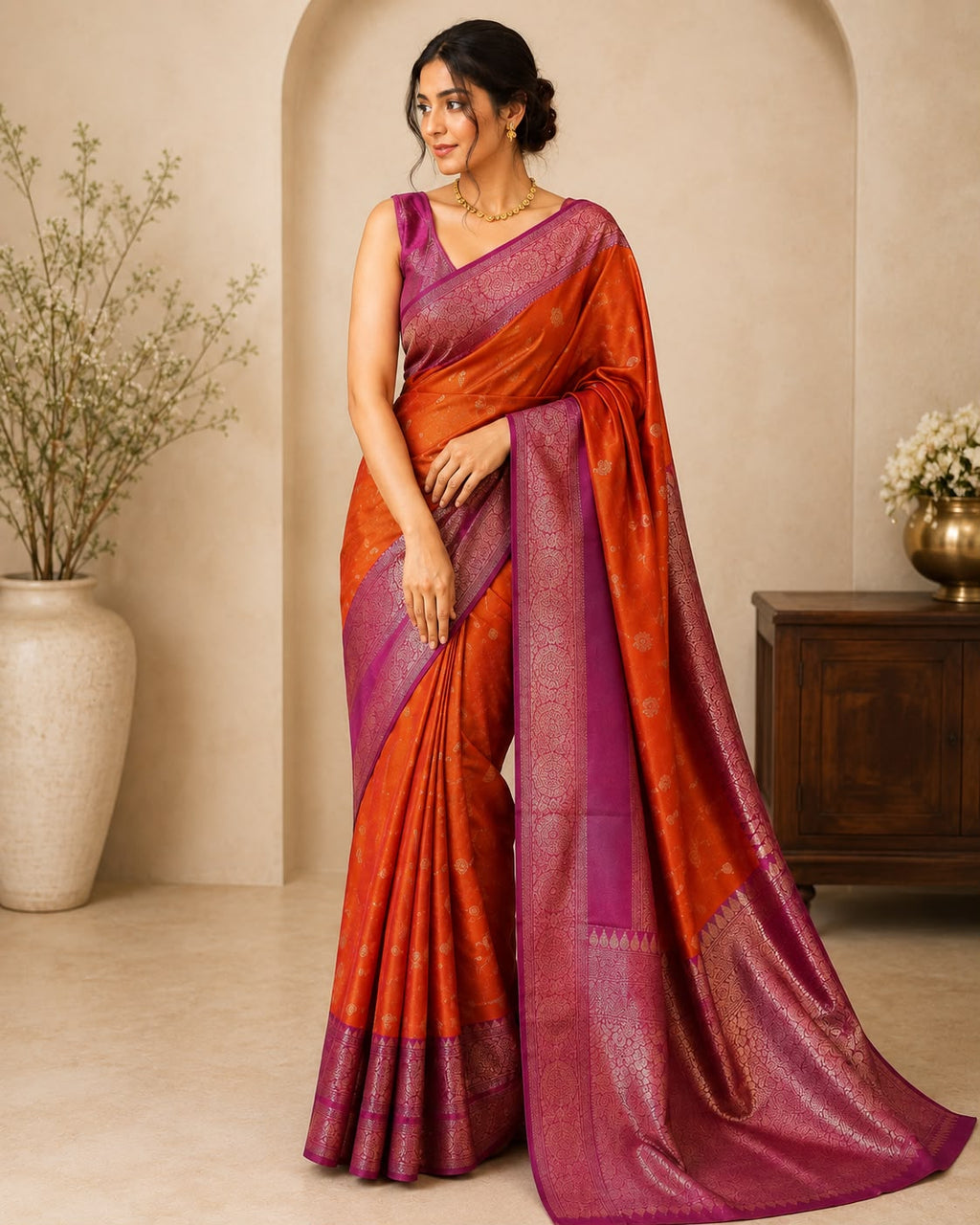 Orange With Ruby Pink Border Semi Silk Saree