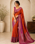 Orange With Ruby Pink Border Semi Silk Saree