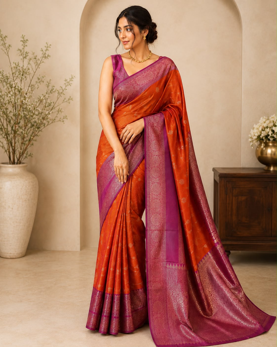 Orange With Ruby Pink Border Semi Silk Saree