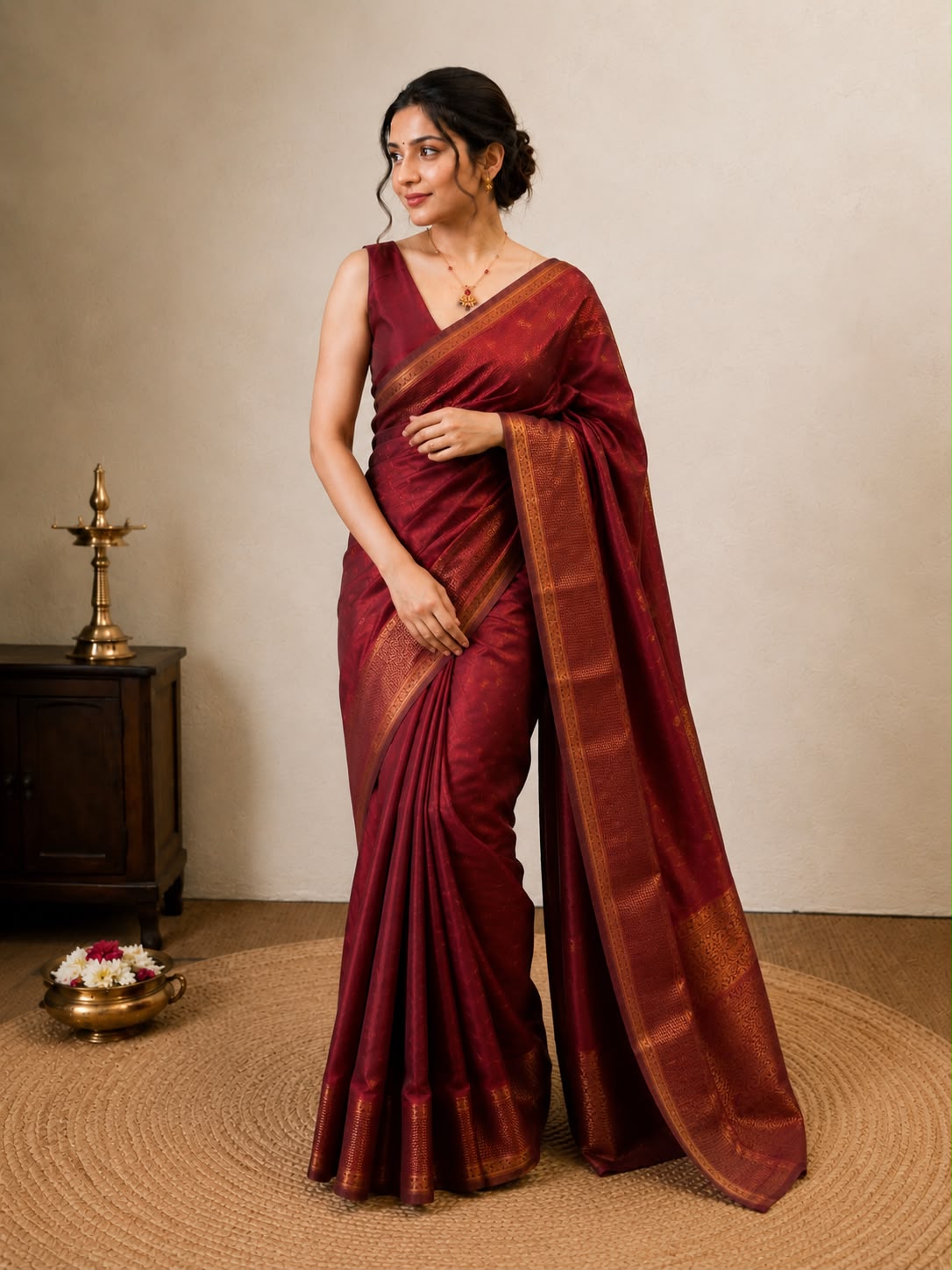 Maroon Small Check Semi Silk Saree