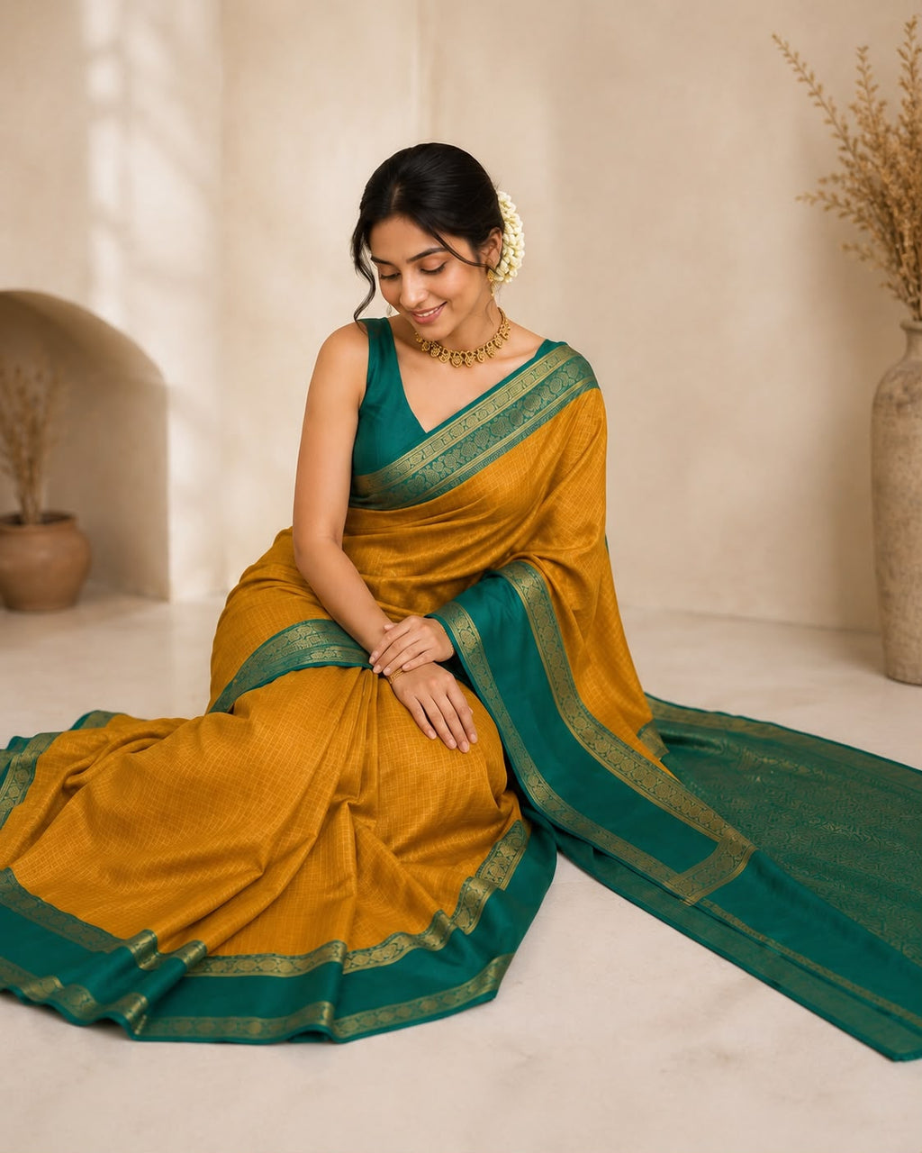 Mustard Yellow Semi Silk Saree With Green Border