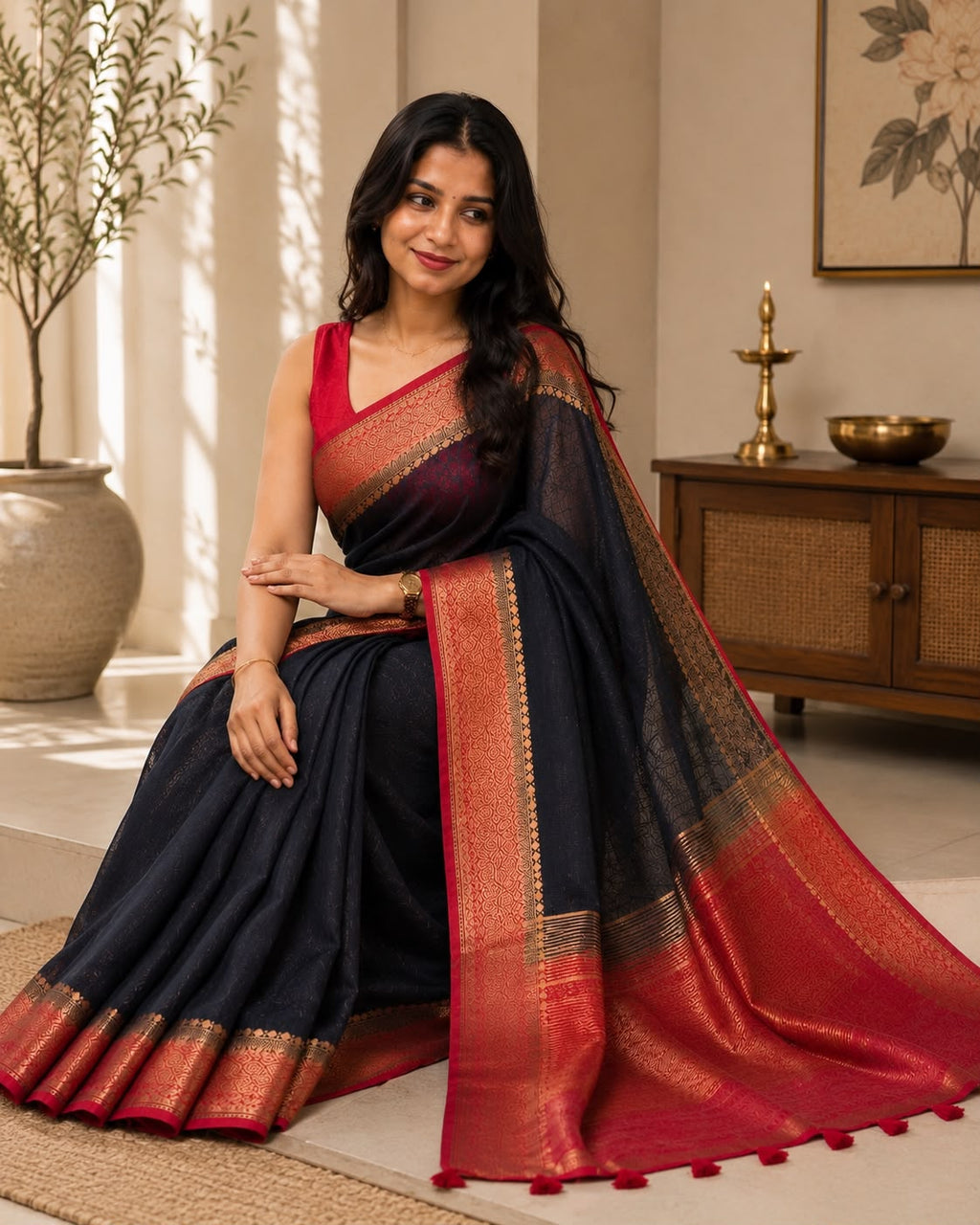 Black With Maroon Boarder Chanderi Saree