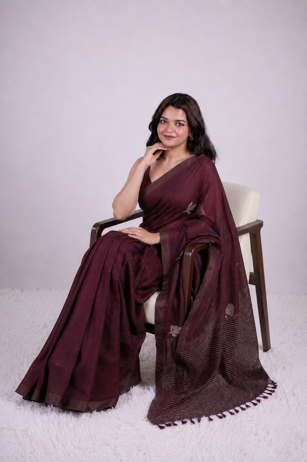 Dark Wine Mul Cotton Saree