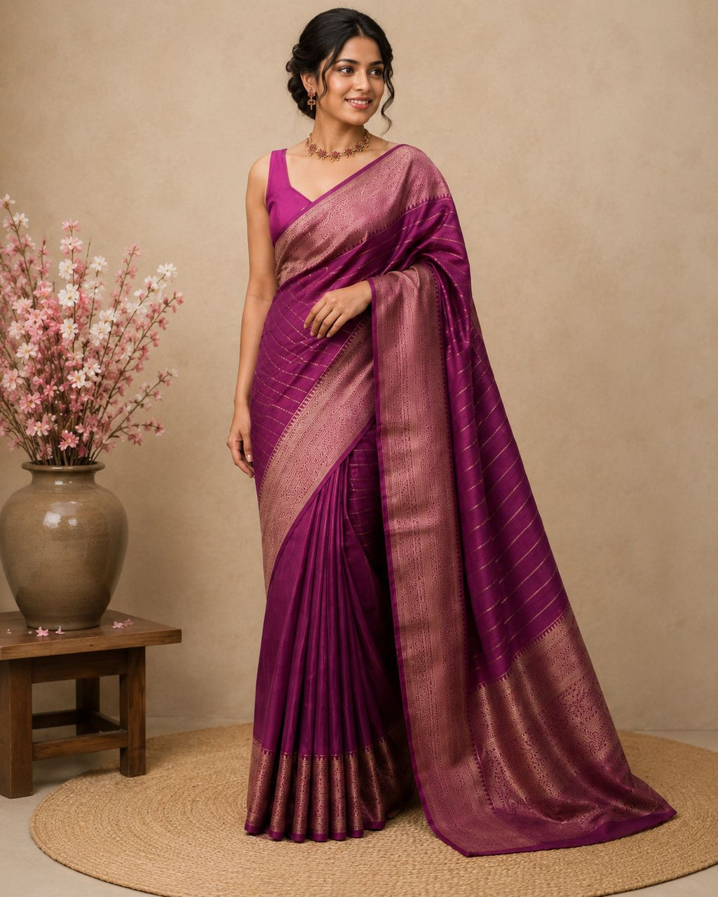 Wine Striped Semi Silk Saree