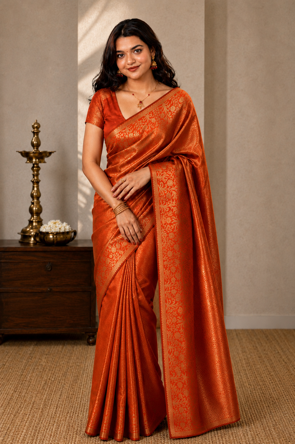 Orange Brocade Semi Silk Saree