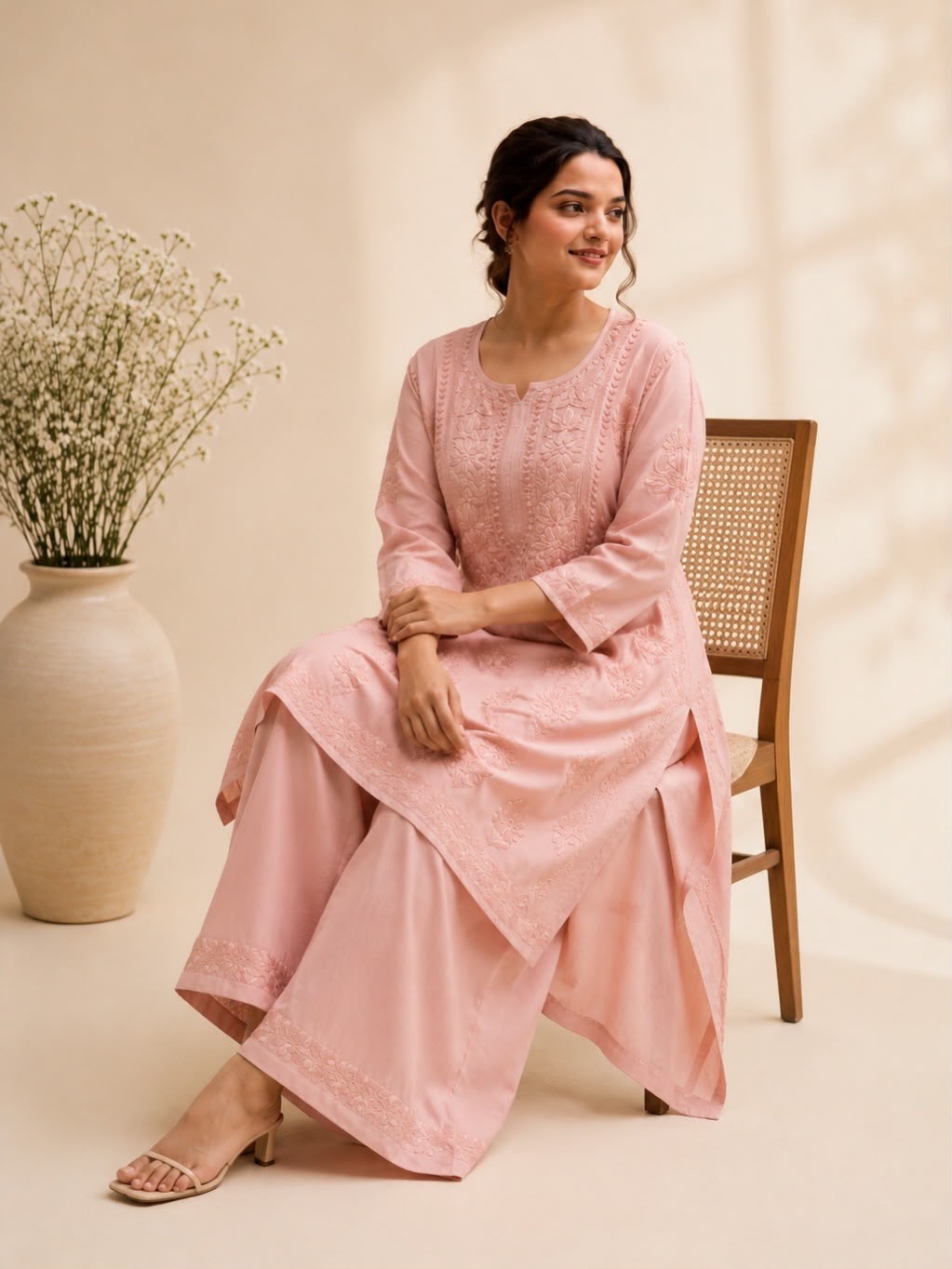 Champagne Colour Chikankari Semi Modal