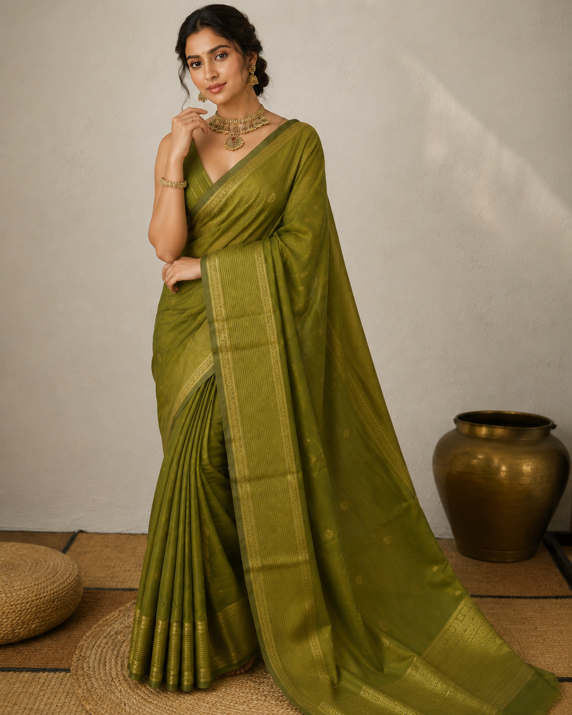 Olive Green Semi Silk Saree