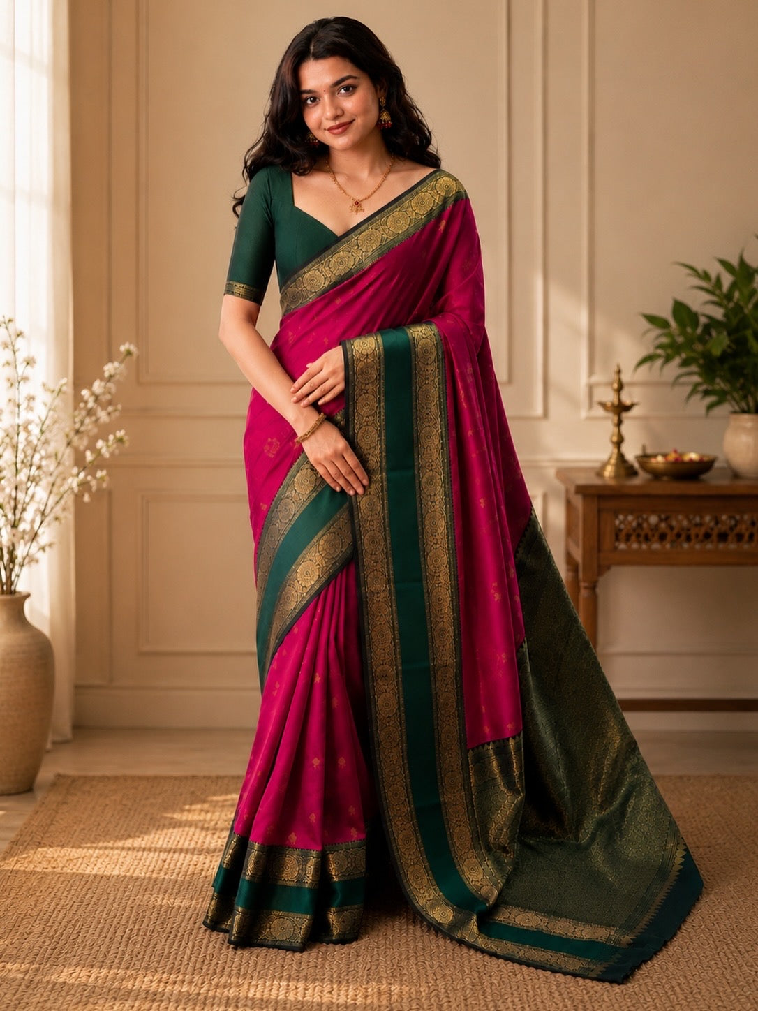 Rani Pink Semi Silk Saree